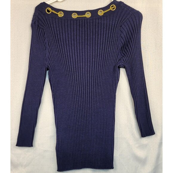 Belldini Ribbed Navy Sweater Gold Chain Rhinestone Detail XL Cotton Viscose - Picture 7 of 10